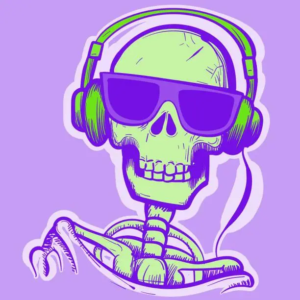Vector illustration of Illustration of a purple and green skeleton with sunglasses and headphones. Vector of a human skull with bones listening to music