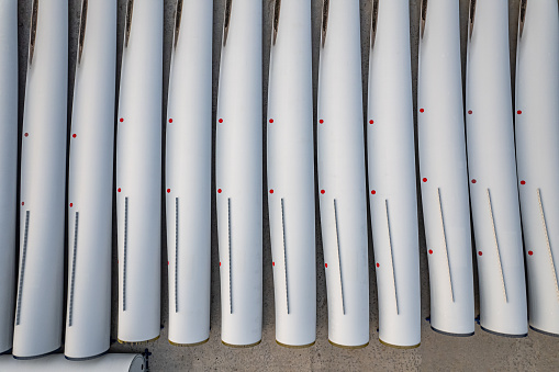 Aerial view of the wind turbine blades parked in the factory