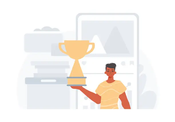 Vector illustration of The Earth holds the achiever 's cup in his domesticate hug . achiever concept. Trendy style, Vector Illustration