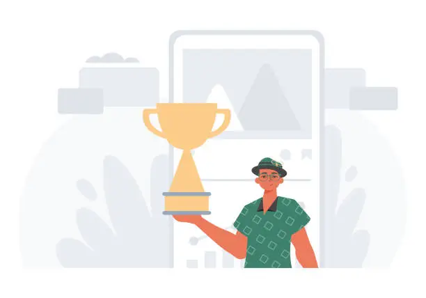 Vector illustration of The Earth holds the achiever 's cup in his domesticate embrace . achiever concept. Trendy style, Vector Illustration