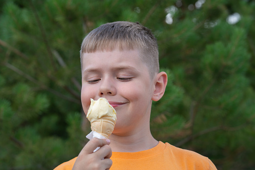 A blond boy of eight years old eats ice cream in a waffle cup.