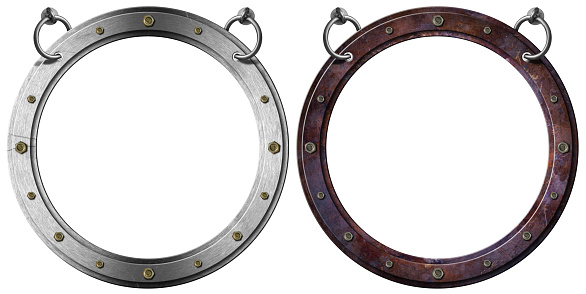 Two empty metal portholes with bolts hanging from a steel ring, isolated on white background and copy space, template. 3d illustration.