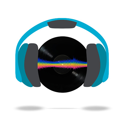 Close-up of blank LP vinyl record in mid-air with headphones and multicolored sound equalizer wave line against white background.