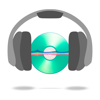 Close-up of blank music CD in mid-air with headphones and multicolored sound equalizer wave line against white background.