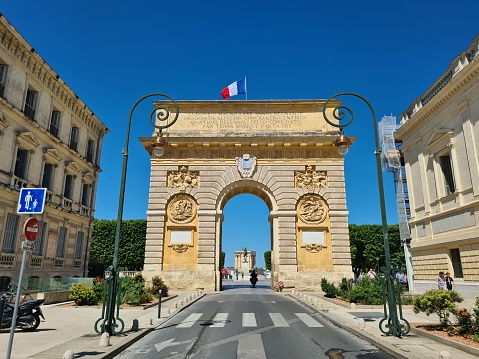 Montpellier, France – June 24, 2023: Triumphal arch of Montpellier, France.