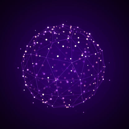 Sphere made up of points and lines on violet background. Network connection structure. Big data visualization.