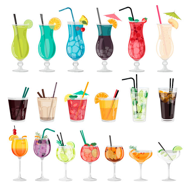 векторный набор разноцветных коктейлей с фруктами, кубиками льда и соломинками на белом фоне в плоском стиле. - glass water freshness tonic water stock illustrations