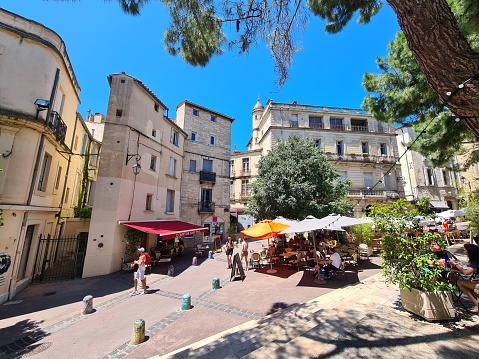 Montpellier, France – June 24, 2023: Traditional French architecture in the downtown of Montpellier, France.