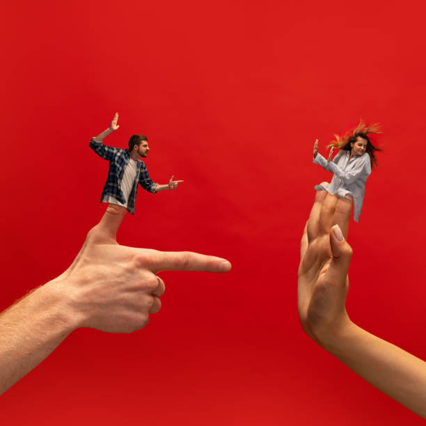Creative collage with hands. Young man emotionally shouting at woman, loudly expressing negative feelings and disagreement. Concept of emotions, feelings, psychology, relationship, communication, ad