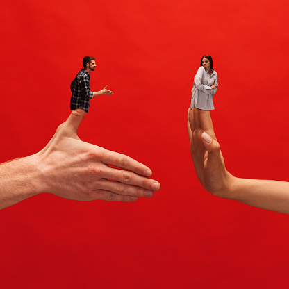 Creative collage with hands. Diversity of emotions. Man giving hand to woman with disagreed face. Doubtful look. Concept of emotions, feelings, psychology, relationship, communication, ad