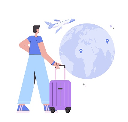 Character with luggage near the globe with an airplane. The concept of travel, vacation, business trip. Vector illustration in a flat style