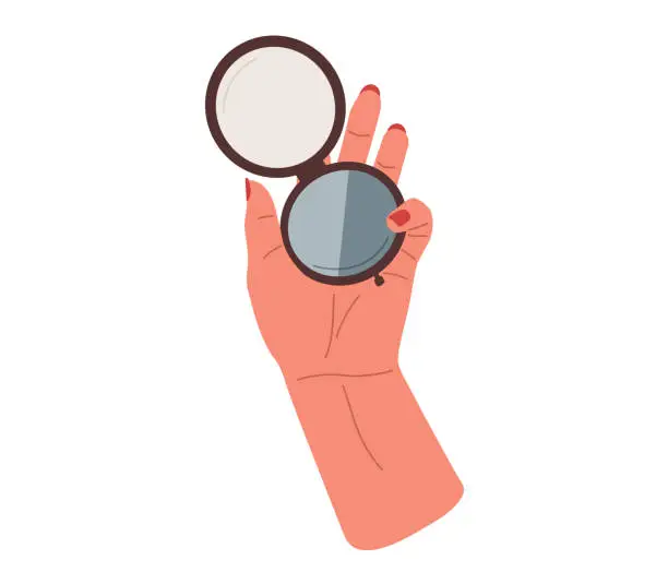 Vector illustration of Female hand hold compact round mirror with powder.Vector illustration