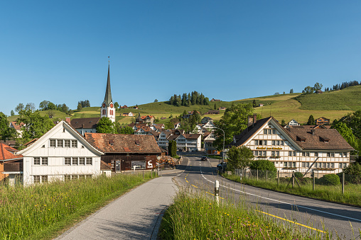 Gais, Appenzell Ausserrhoden, Switzerland - May 31, 2013. Gais is a small village in the Swiss canton of Appenzell Ausserrhoden and is located 15 km south of the city of St. Gallen. The village center is famous for its typical Appenzell wooden houses with curved gables.