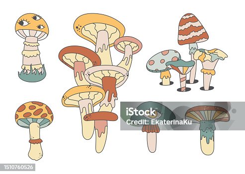 istock Psychedelic magic mushrooms with eyes. Hippie trip concept. Set of vector isolated illustrations in groovy style. 1510760526