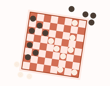 Board for playing checkers or chess with round figures. Vector flat isolated board logic game.