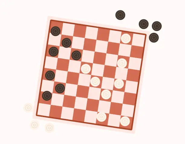 Vector illustration of Cartoon Board for playing checkers or chess with round figures. Vector flat isolated board logic game.