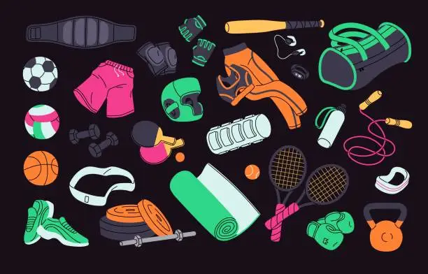 Vector illustration of Sport equipment, gym and fitness accessories set. Workout stuff. Bag, balls, rackets, dumbbells, exercising mat, sneakers, skipping rope and clothes. Isolated flat graphic vector illustrations