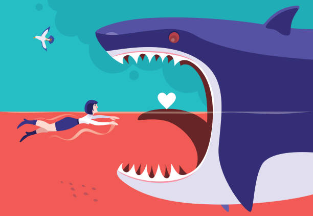 businesswoman swimming and finding heart shape with big shark vector art illustration