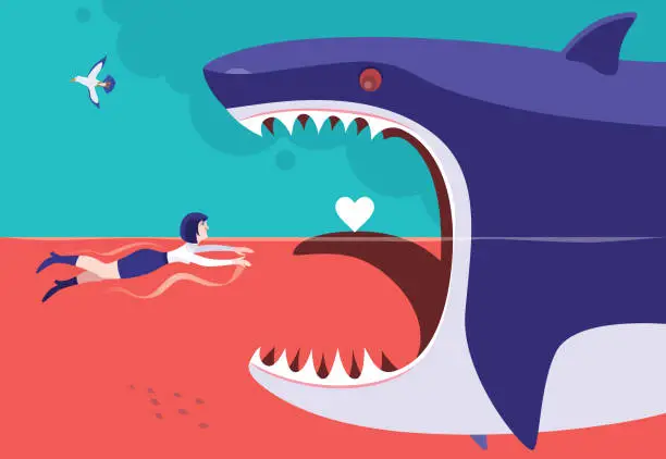 Vector illustration of businesswoman swimming and finding heart shape with big shark