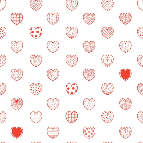 Vector illustration of Seamless pattern love. Romantic hearts on white background. Vector illustration in linear doodle style for holiday design, decor, valentines, wallpaper, textile, packaging.