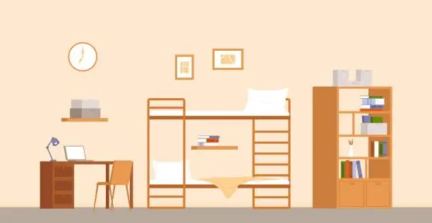 Vector illustration of Student room interior. Dormitory or hostel furniture, living area for two children. Bed, bookshelf and workplace with laptop. Home inside vector scene