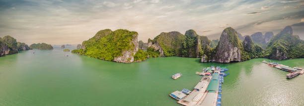 Aerial view panorama of floating fishing village and rock island, Halong Bay, Vietnam, Southeast Asia. UNESCO World Heritage Site. Junk boat cruise to Ha Long Bay. Popular landmark of Vietnam. vista aérea del pueblo pesquero flotante y la isla de roca, la bahía de halong, vietnam, el sudeste asiático. patrimonio de la humanidad de la unesco. crucero en barco chatarra a la bahía de ha long. punto de referencia popular de vietnam