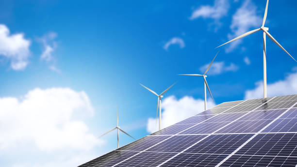 istock Solar Panel energy with Wind Mill on Blue Sky Background,Photovoltaic Engineer,System Electric windmill Sustainable Farm Green Co2,Turbine Renewable Innovation Generator Nature Environment,Cell 1510798023