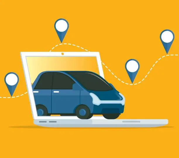 Vector illustration of Renting Car Using Mobile App on Laptop