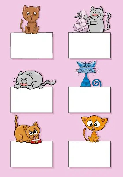 Vector illustration of cartoon cats and kittens with cards design set