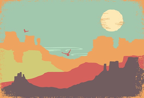 American Arizona desert horizon. Vector vintage desert landscape illustration with mountains and sun on old paper texture.