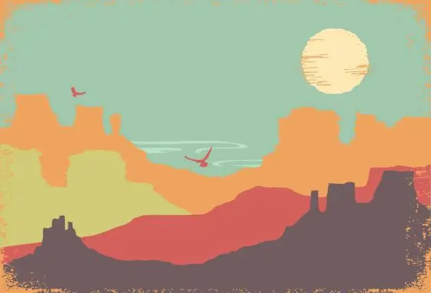 Vector illustration of American Arizona desert horizon. Vector vintage desert landscape illustration with mountains and sun on old paper texture