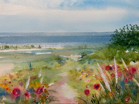 Original painting of a track through flower fields to the beach and sea.