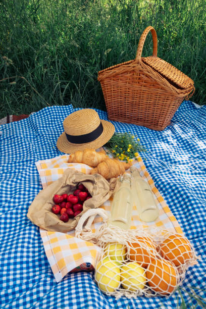istock Picnic scene: croissants, strawberries, lemonade on blue blanket. 1510820865