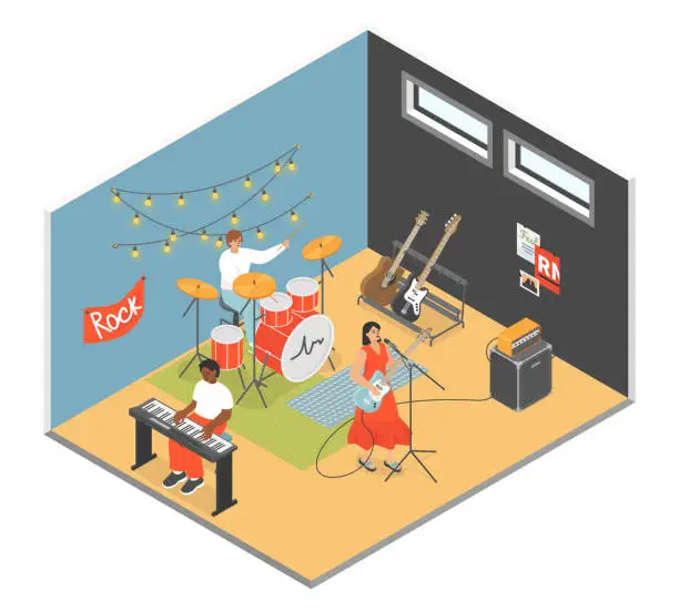 Vector illustration of Rock concert on stage - modern vector colorful isometric illustration