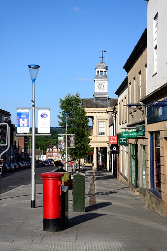 View of Fore Street shops and Guildhall, Chard, Somerset, UK, Europe.