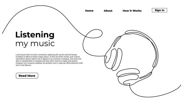 Vector illustration of Headphone one line drawing minimalist, continuous hand drawn style vector illustration. Listening music gadget, Landing page template for entertainment symbol and theme design.