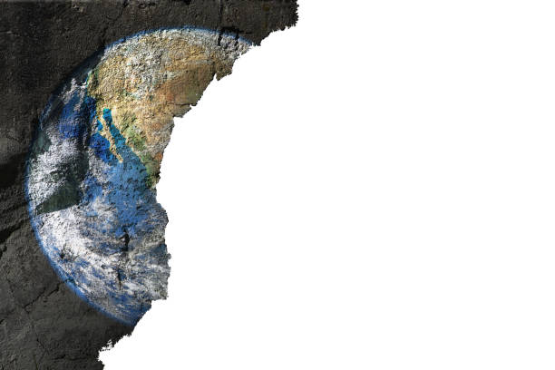 istock Satellite image of Planet Earth on rough, textured concrete wall, cut out with white copy space to the right 1510852301