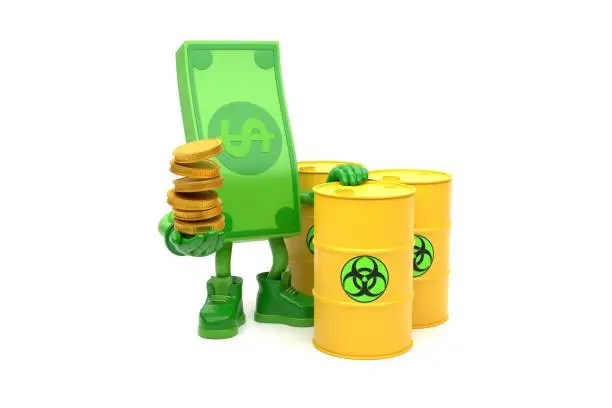 Photo of Money character with coins and toxic waste drums