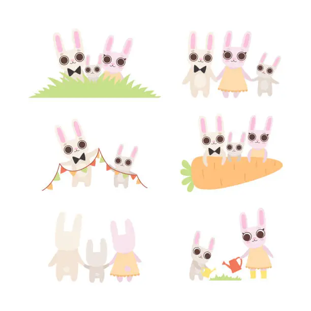 Vector illustration of Cute Hare Family with Mother, Father and Cub Vector Set