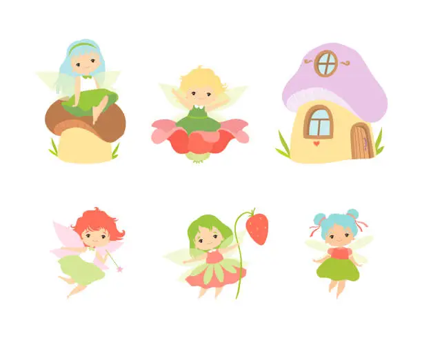Vector illustration of Little Fairy or Pixie with Wings as Woodland Nymph Vector Set