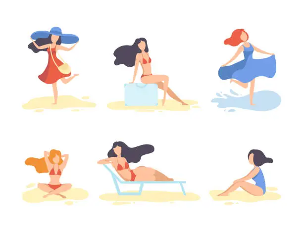 Vector illustration of Young Woman at Sea Shore Sunbathing and Enjoying Summer Vector Set