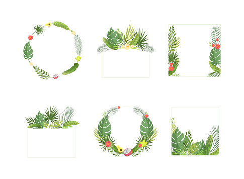 Shaped Frame with Green Tropical Leaves and Jungle Foliage Vector Set. Decorative Template with Fresh Flora and Plants