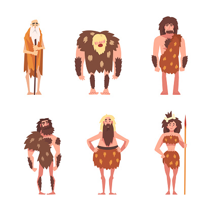 Primitive Man and Woman Character from Stone Age Wearing Animal Skin and Holding Spear Vector Set. Cave Hairy Male and Female from Early Prehistoric Period Concept