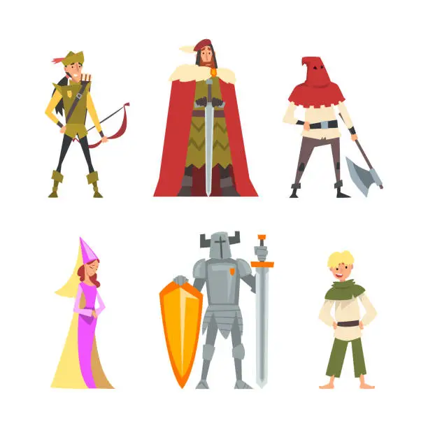 Vector illustration of Medieval Knight with Sword, Robin Hood, Noble Man in Mantle, Peasant and Headsman Vector Set