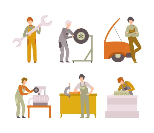 Vector illustration of Man Mechanic in Overall Maintaining and Repairing Machinery Vector Set