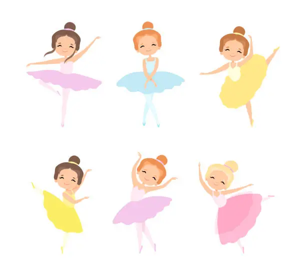 Vector illustration of Little Girl Ballerina in Tutu Skirt and Pointe Shoes Dancing Ballet Vector Set