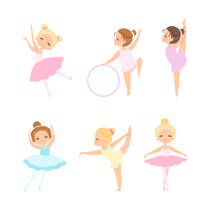 Little Girl Ballerina in Tutu Skirt and Pointe Shoes Dancing Ballet Vector Set. Pretty Kid with Flexible Body Training in Choreography Class