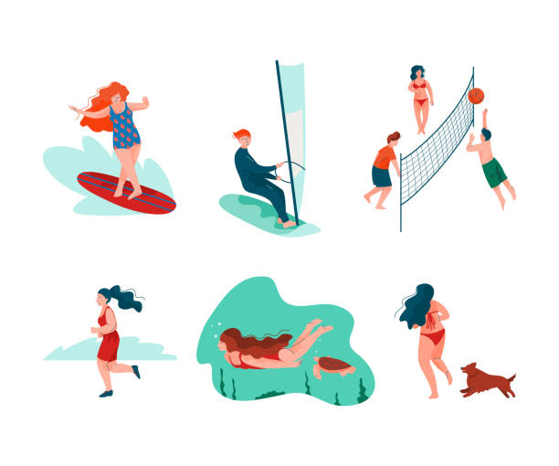 海岸とビーチで夏の休息を楽しむ人々のキャラクターベクター画像セット - isolated volleyball women adult点のイラスト素材／クリップアート素材／マンガ素材／アイコン素材