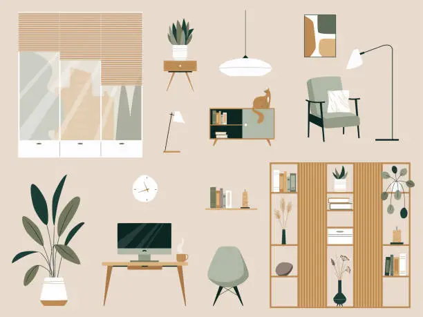Vector illustration of Living Room Interior Elements Vector Set. Wooden furniture, plants, bookcase, paintings, armchair, lamps, shelf, window6 workspace. Modern minimalistic trendy collection for home apartment design