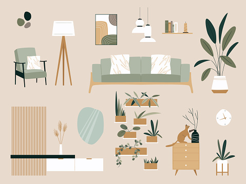 Living Room Interior Elements Vector Set. Wooden furniture, plants, sofa, couch, bookcase, paintings, armchair, lamps, shelf, window. Modern minimalistic trendy collection for home apartment design.